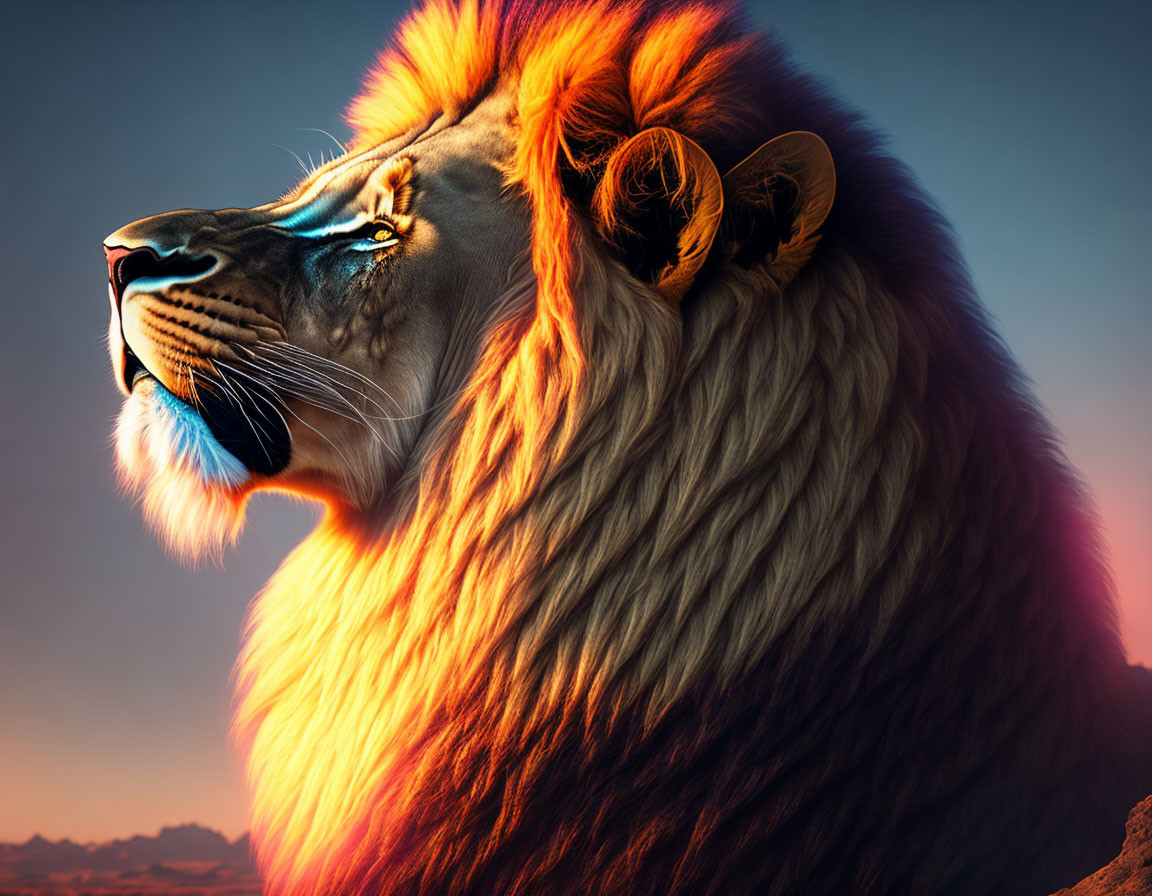 Majestic lion with vibrant mane under warm light against dusk sky