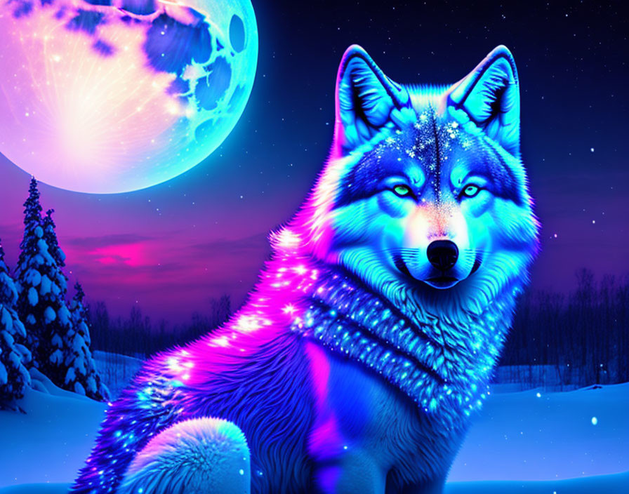 Vibrant neon wolf with starry fur in snowy landscape