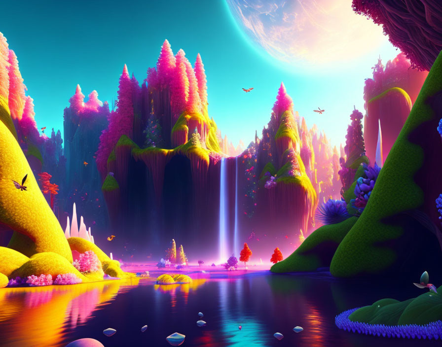 Colorful fantasy landscape with waterfall, lush flora, reflective lake, and large moon in surreal setting