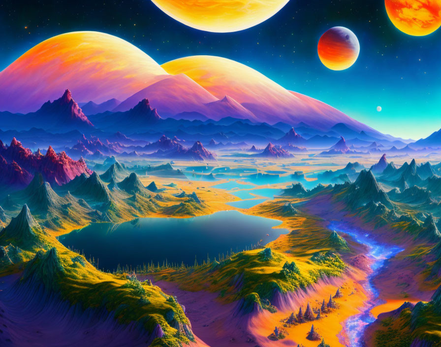 Sci-fi landscape with lake, mountains, and alien planets under sunset glow