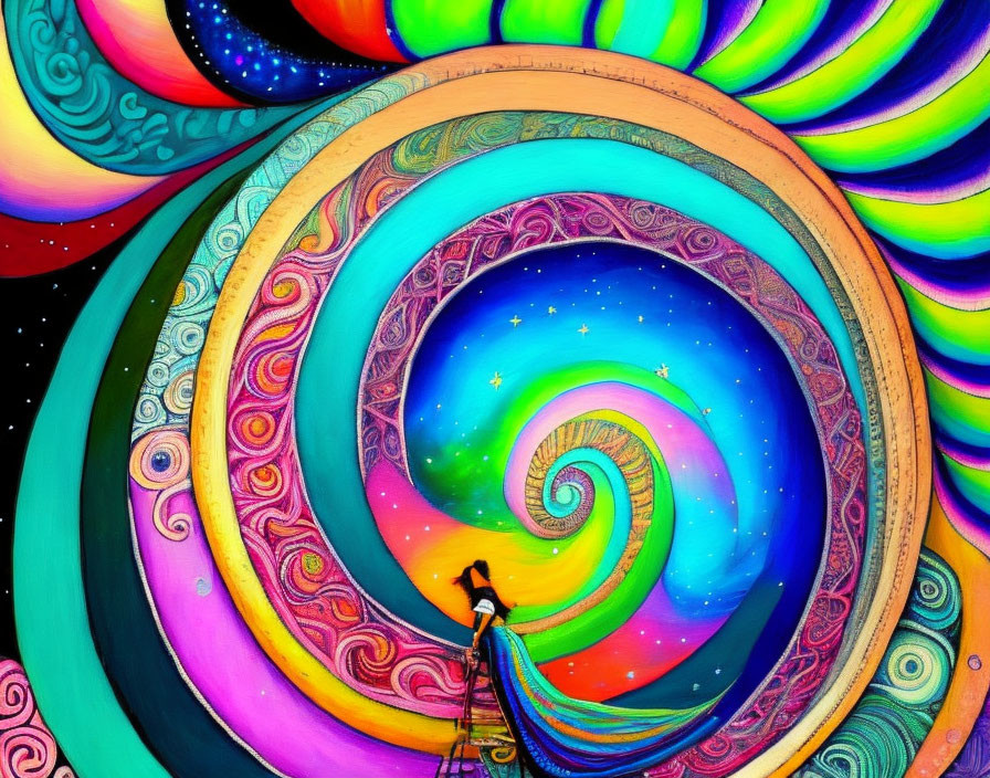 Colorful Psychedelic Artwork with Silhouetted Figure Holding Swirly Stars