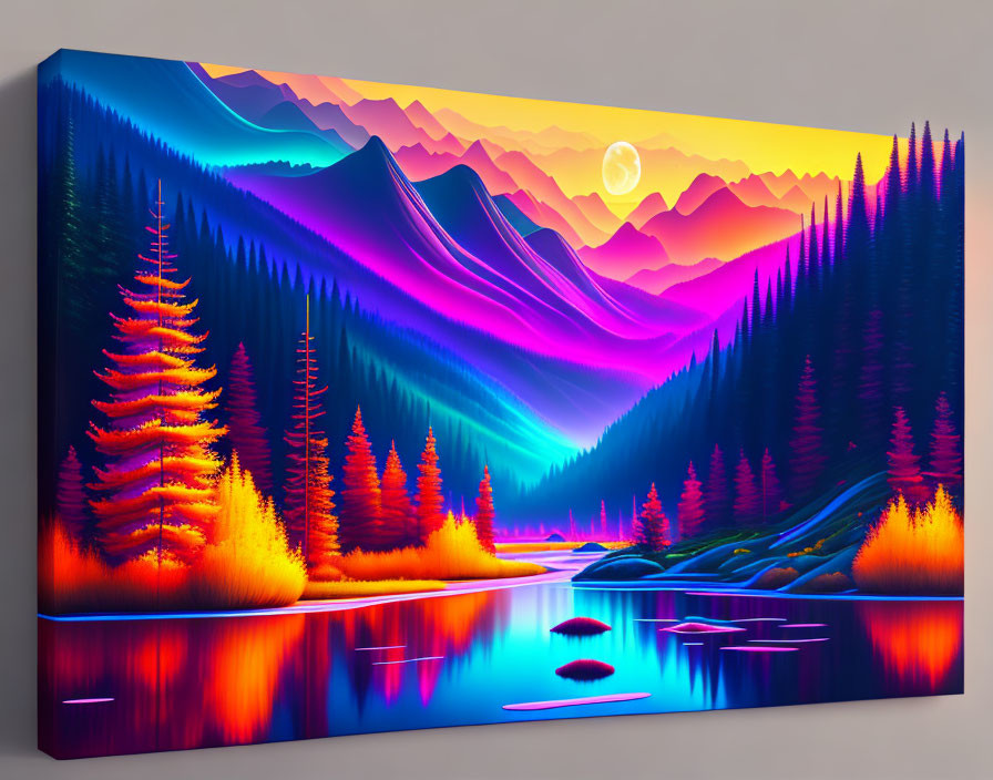 Colorful Mountain Landscape Canvas Art with Trees, Lake, and Sunset Glow