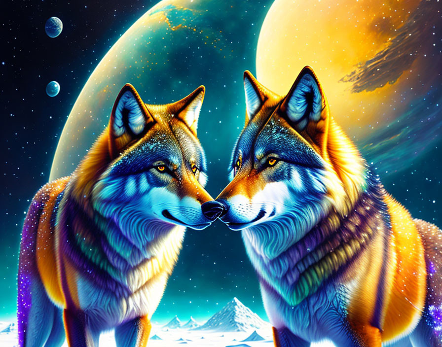 Colorful wolves face off in cosmic landscape