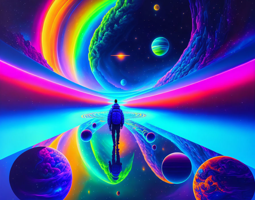 Colorful Psychedelic Cosmic Landscape with Swirling Planets