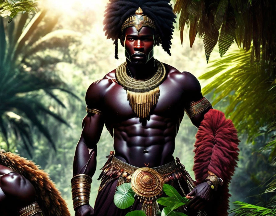 Digital artwork: Regal man in African warrior attire in lush jungle