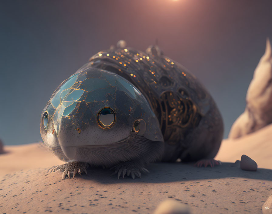 Intricate digital artwork: mechanical toad with golden accents on desert background