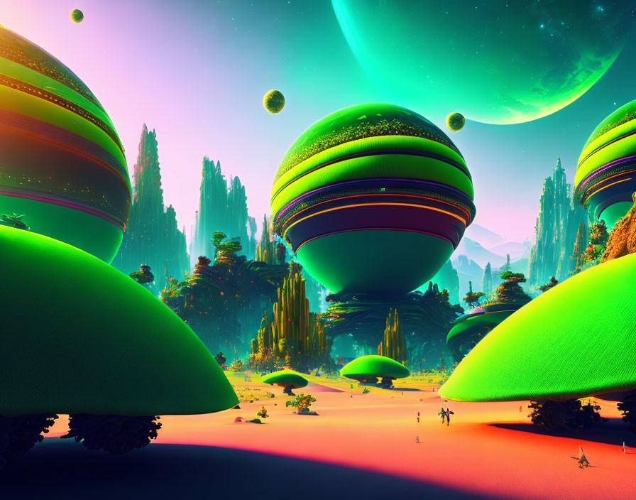 Colorful alien landscape with giant green spheres and towering rock formations under a sky with celestial bodies