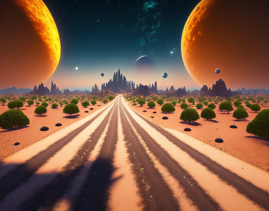 Alien fantasy landscape with rocky terrain, spires, planets, spheres, and cosmos