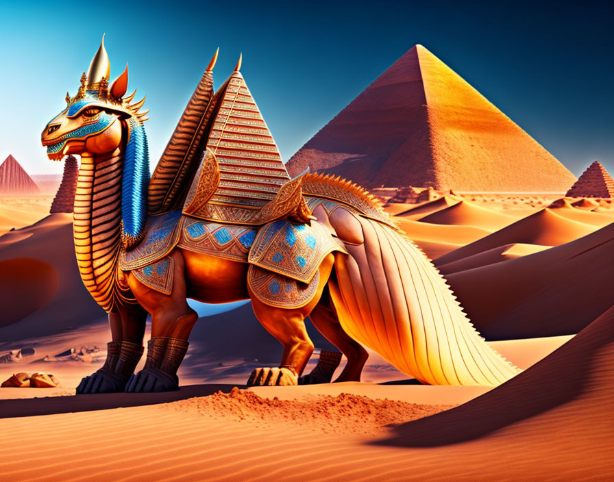 Mythical creature with dragon head and lion body by pyramids