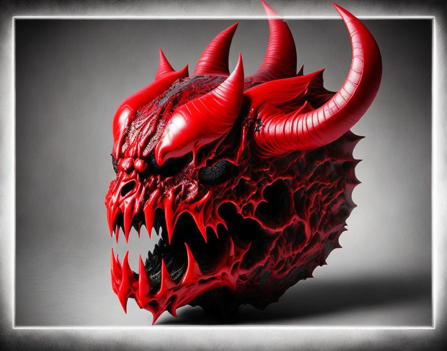 Red and black dragon's head digital artwork on monochrome background