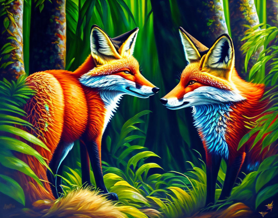 Vibrant, colorful foxes in lush green forest with detailed foliage