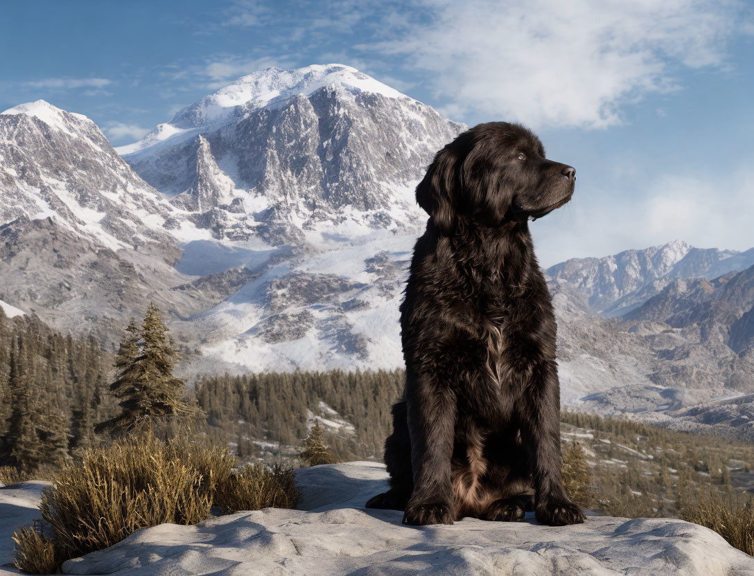 Black Dog Resting on Rock with Snow-Capped Mountains and Pine Trees