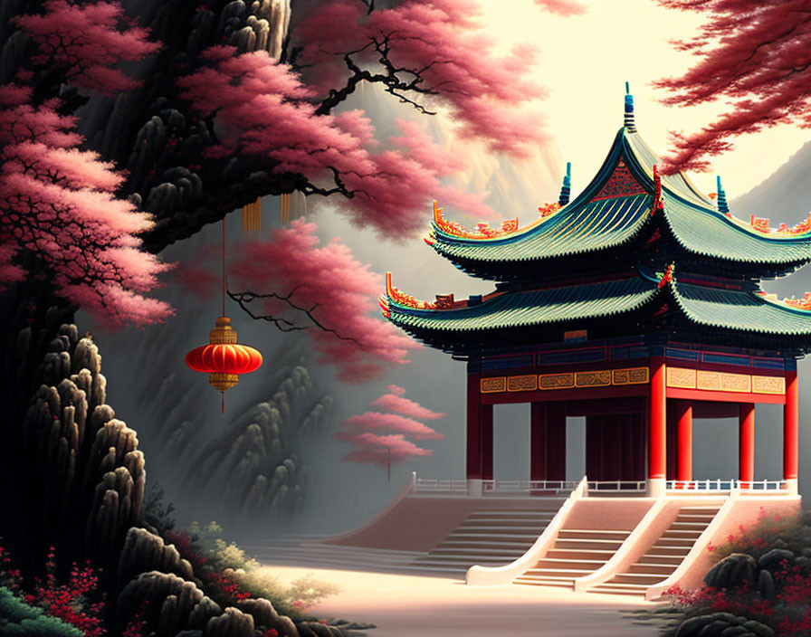 Traditional Chinese Pavilion Surrounded by Blossoming Trees and Red Lantern