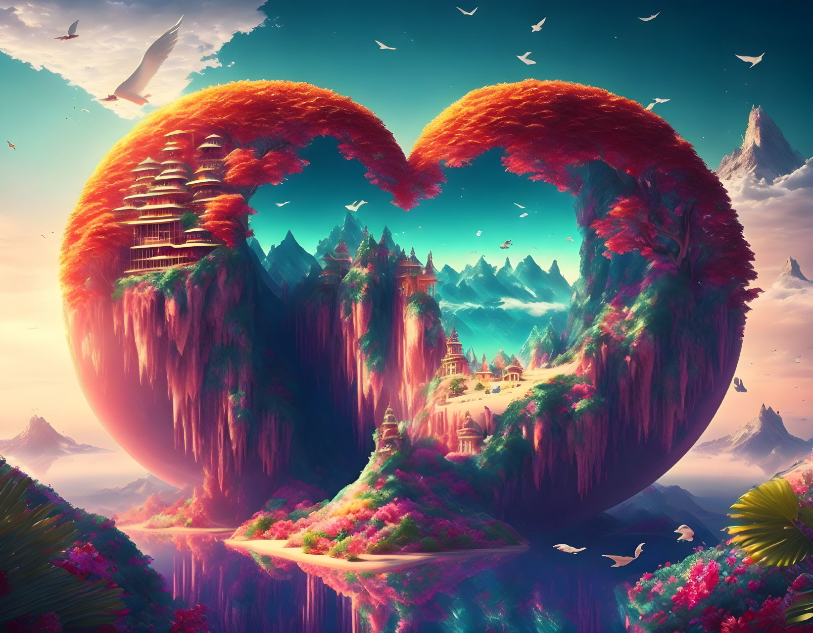 Surreal heart-shaped island with castles, waterfalls, and lush greenery