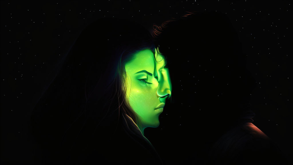 Man and woman silhouettes with neon green light on starry night sky background