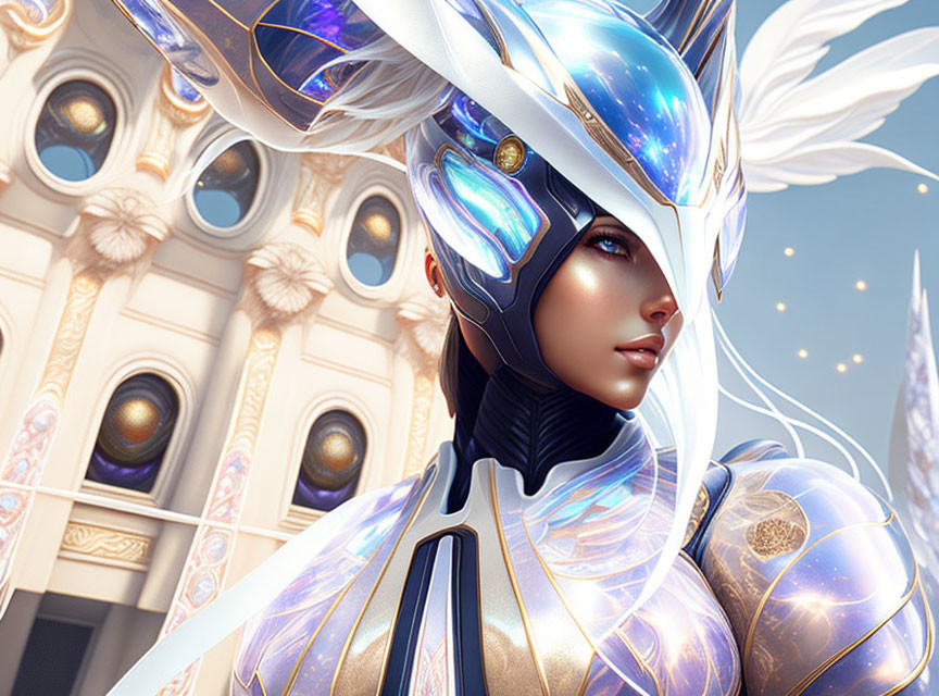 Futuristic white and gold armor woman with blue elements and wings in digital art