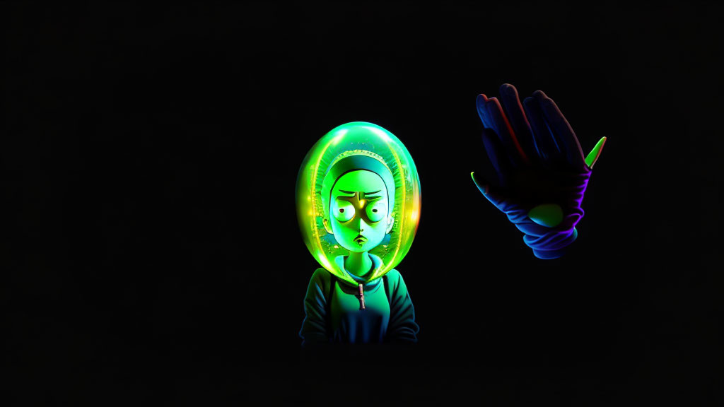 Vibrant neon animation of character with green halo and expressive face on black background