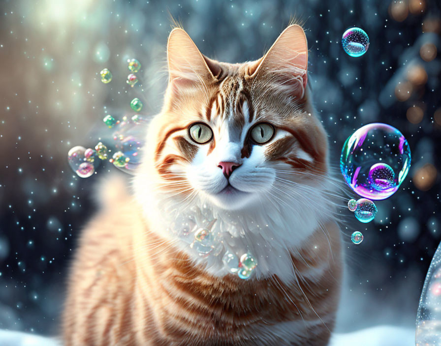 Tabby Cat with Green Eyes in Bubbles on Snowy Background