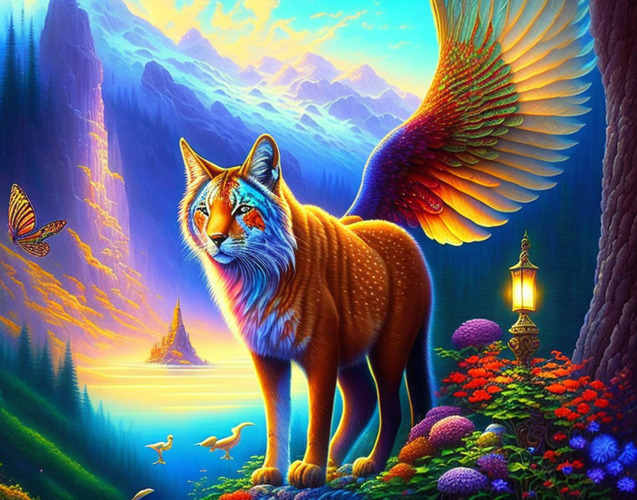 Winged orange feline in vibrant landscape with mountains