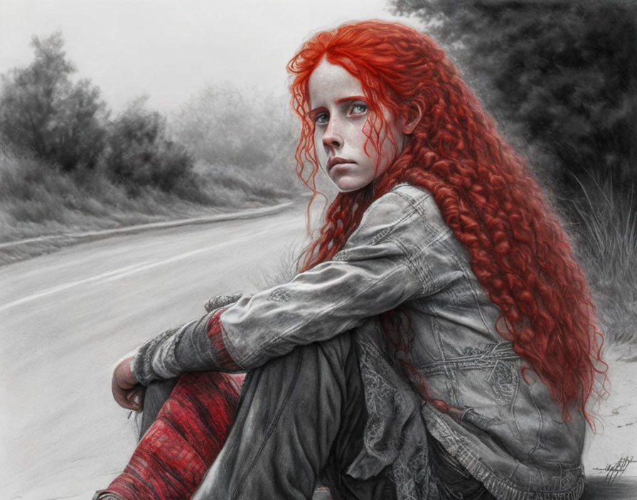 Red-haired girl with pensive look on desolate road