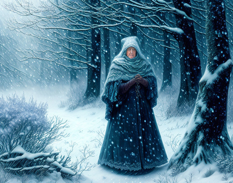 Cloaked Figure in Snowy Forest: Serene Winter Scene