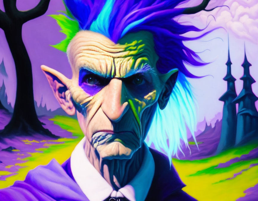 Elderly fantastical character with purple hair in eerie landscape