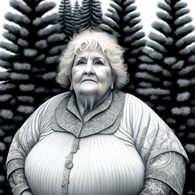 Elderly woman with white hair in patterned dress against forest backdrop