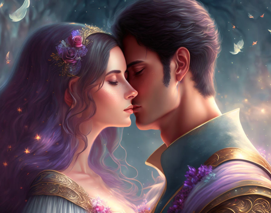 Fantasy-inspired digital artwork of romantic couple in mystical forest