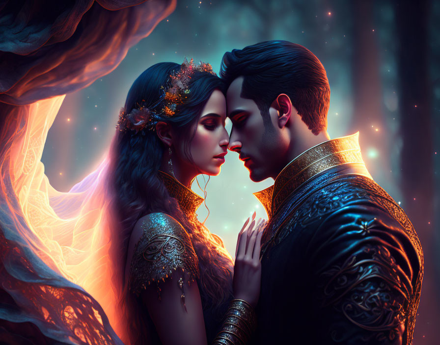 Fantasy couple in ornate attire with mystical backdrop