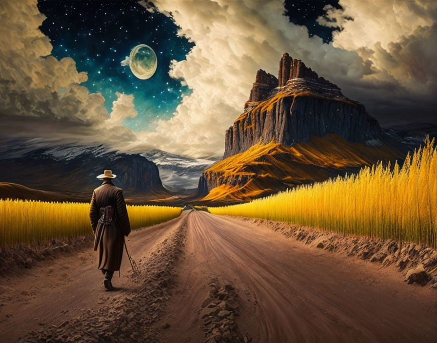 Person in Long Coat Walking on Dirt Road at Night with Wheat Fields and Rock Formation