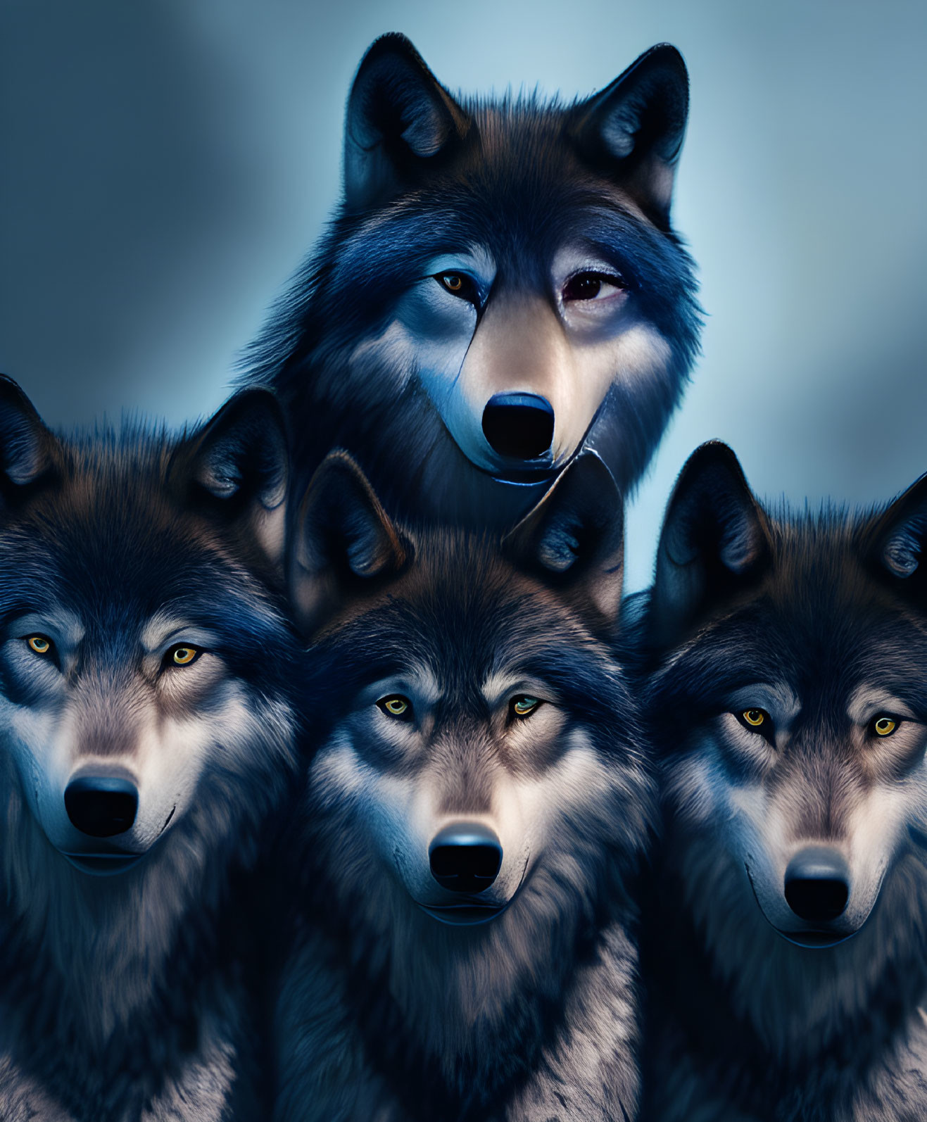 Four intense-eyed wolves in detailed art against dark backdrop