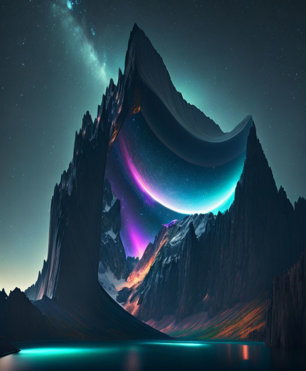 Surreal landscape: Twisted mountains, cosmic sky, reflective water