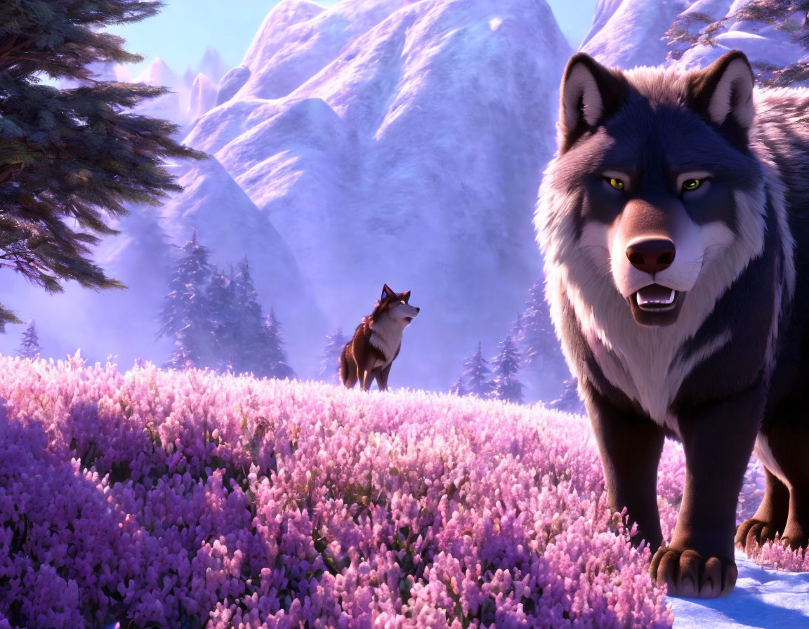 Animated wolves in vibrant purple flower field with snowy mountains.