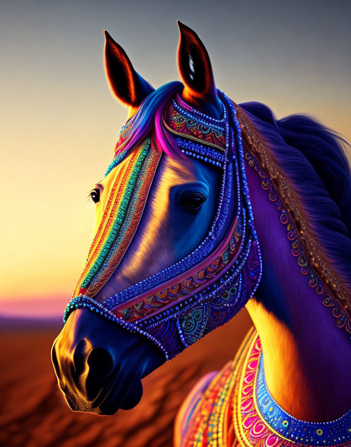 Colorful Horse Illustration with Jewel-Toned Bridle on Sunset Background