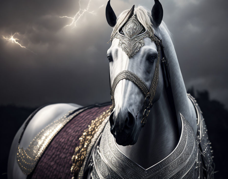 White Horse in Silver Armor under Stormy Sky with Lightning