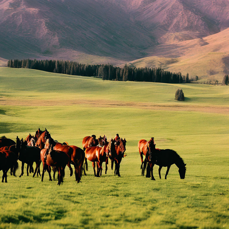 Horses grazing on lush green field with hills and mountains at sunset