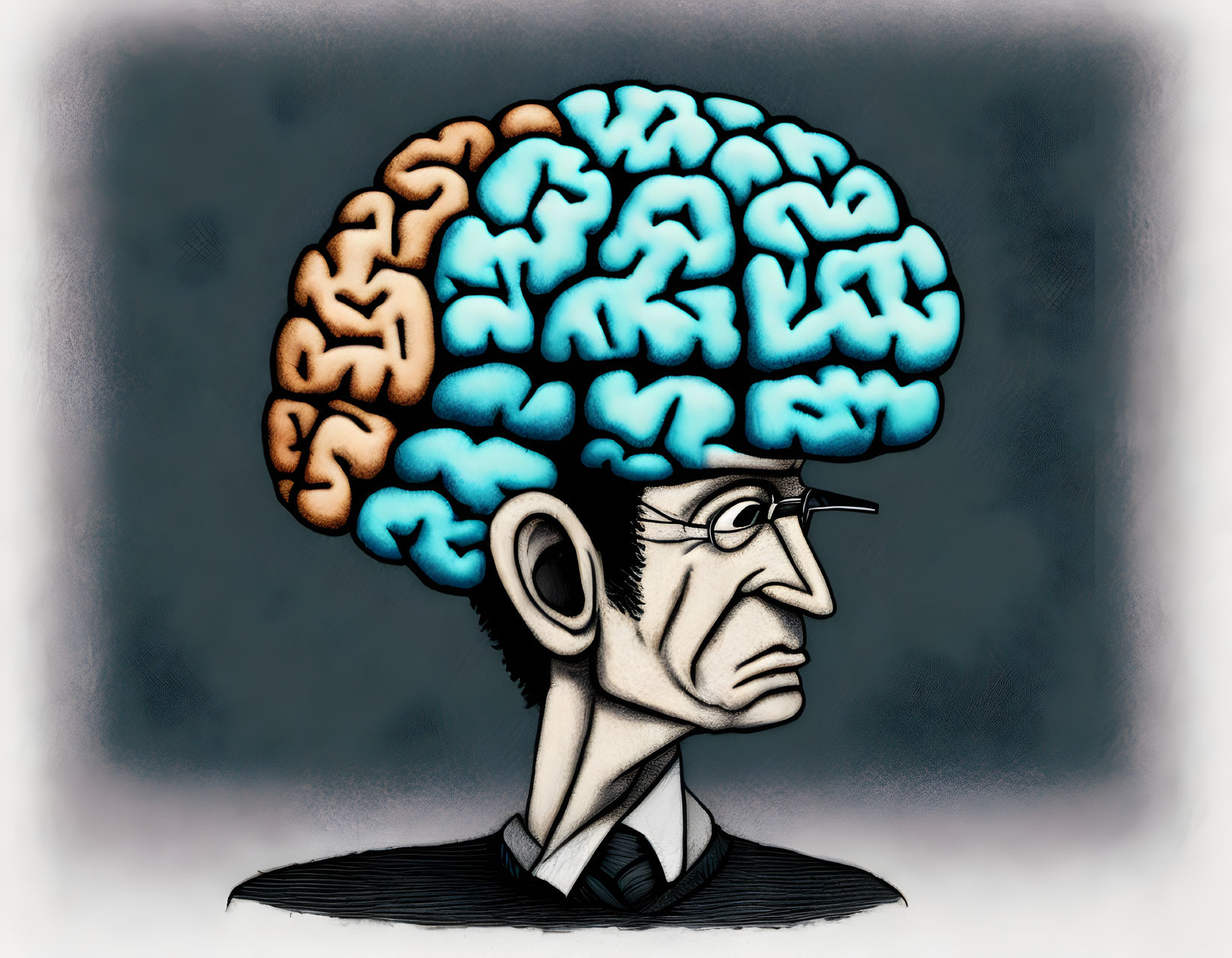 Illustration: Stern man with exposed brain, chaotic vs. calm division