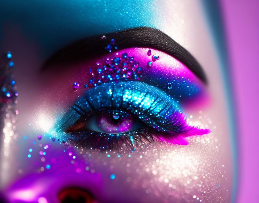 Eye with Blue and Purple Makeup, Glitter, Pink Eyelashes