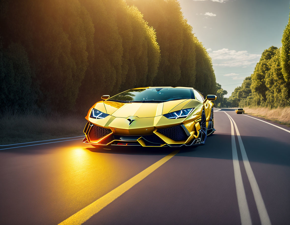 Yellow sports car overtakes another on sunlit road.