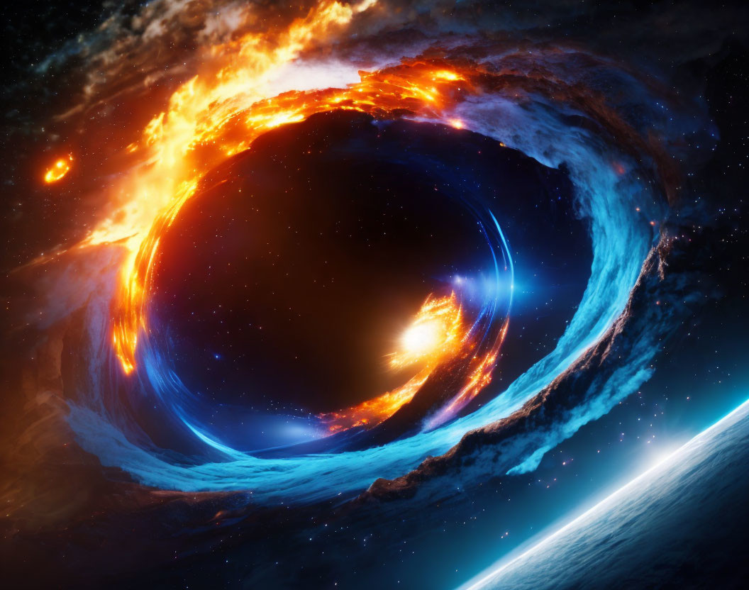 Fiery vortex and blue energy flows in cosmic scene