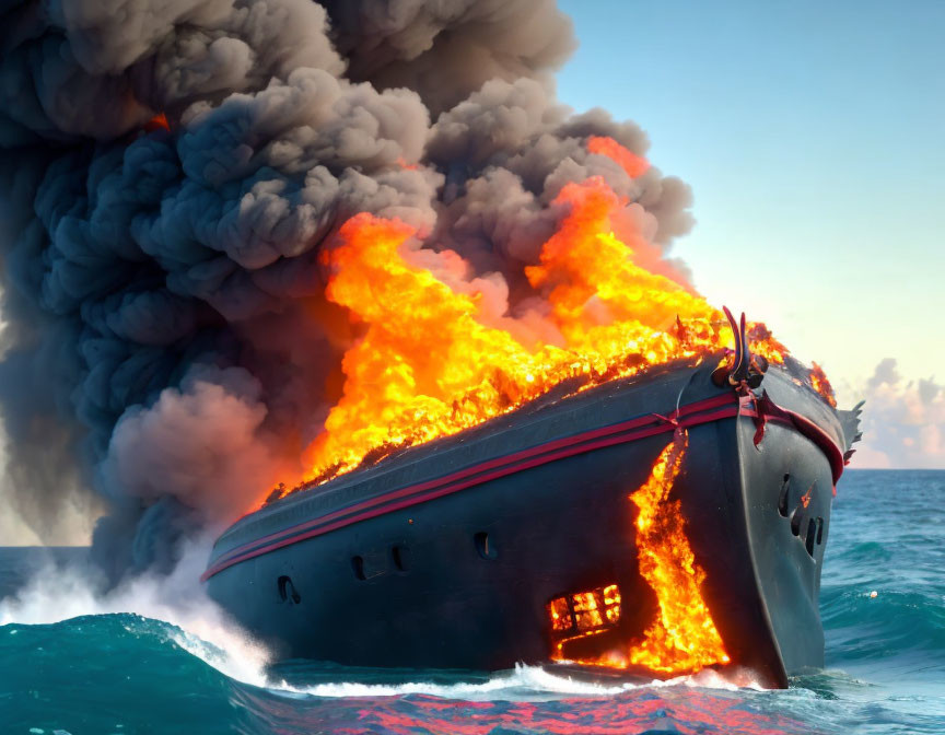 Burning ship listing in ocean with heavy smoke