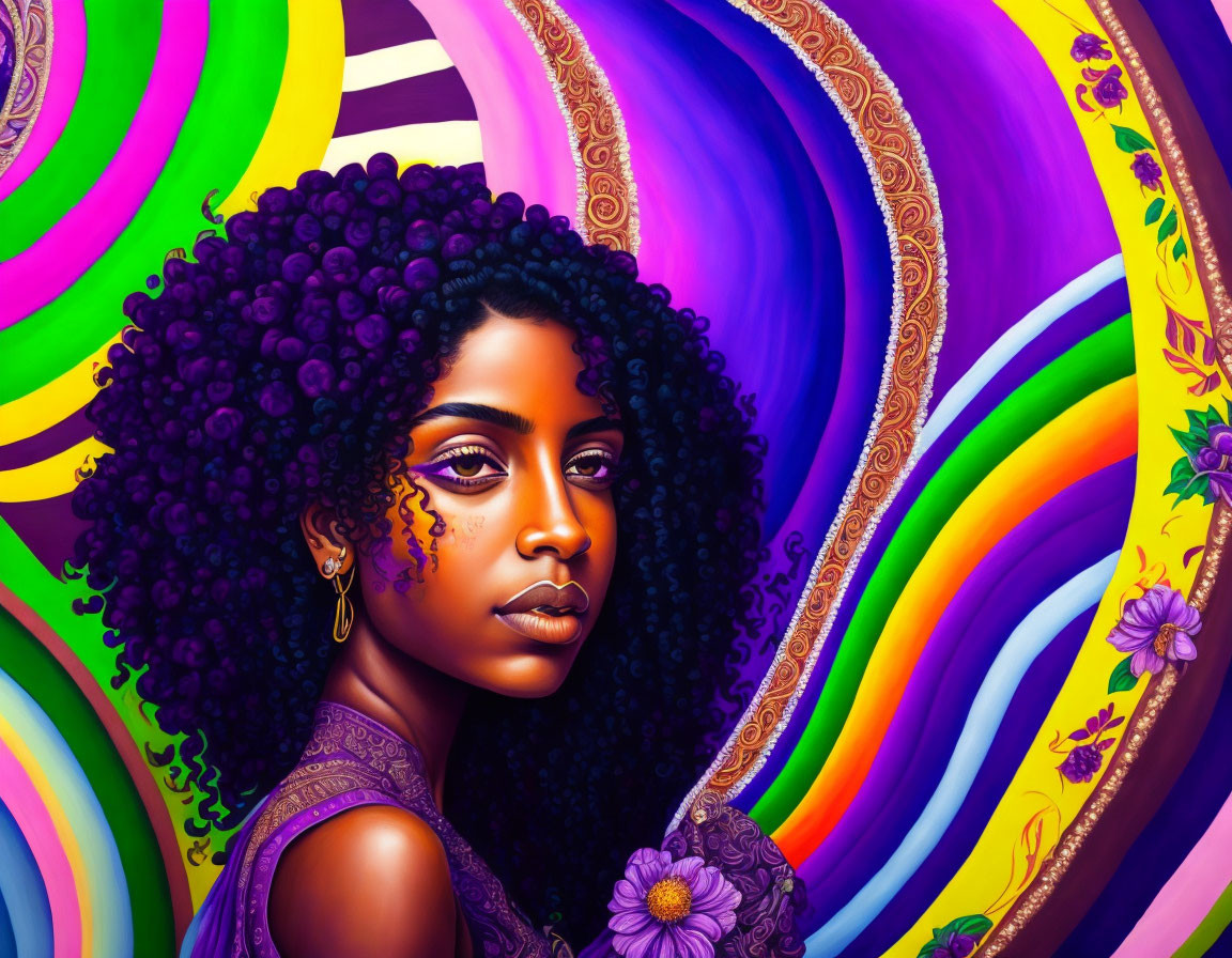 Curly-Haired Woman in Vibrant Purple Swirl Pattern