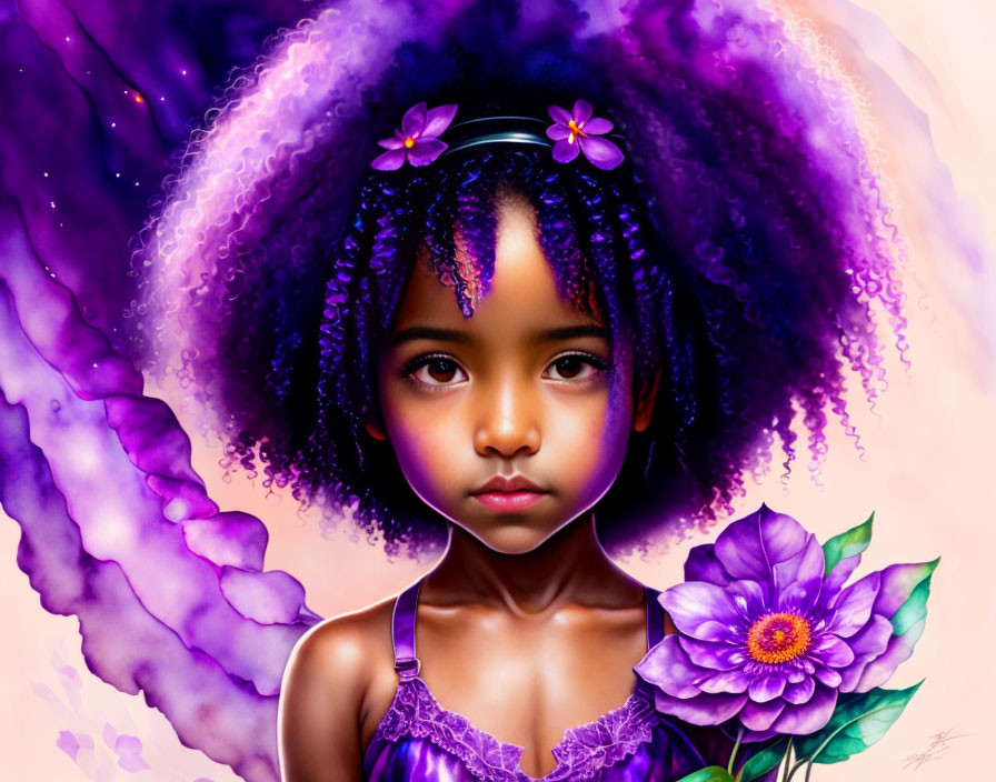 Young girl with purple butterfly wings and floral hair in digital art