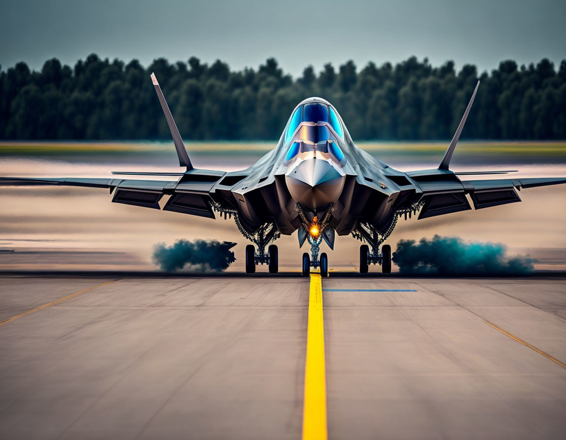 Fighter Jet with Afterburners Engaged on Runway Displaying Advanced Aerodynamics