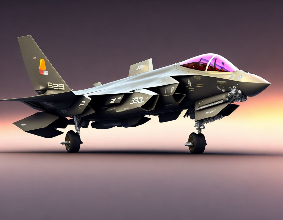 Military fighter jet with open canopy and landing gear on gradient background