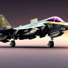 Military fighter jet with open canopy and landing gear on gradient background