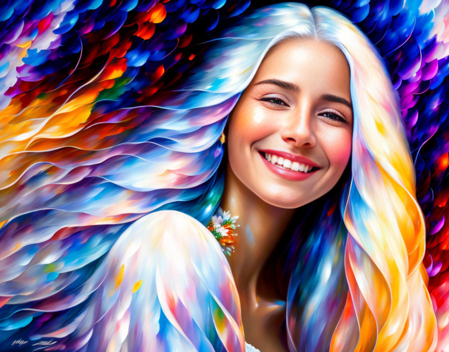 Colorful digital painting of smiling woman with wavy, multicolored hair on abstract background