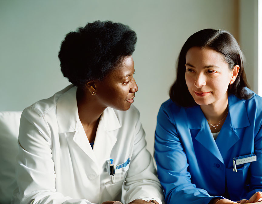 Professional women in white coat and blue blazer having focused conversation.