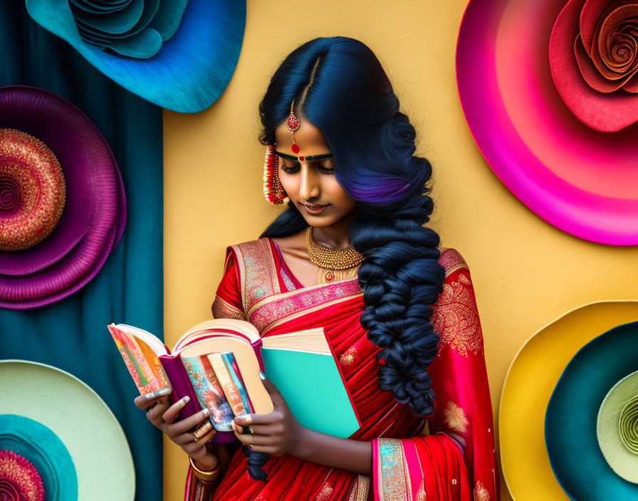 Traditional Indian Attire Woman Reading Book on Colorful Spiral Backdrop