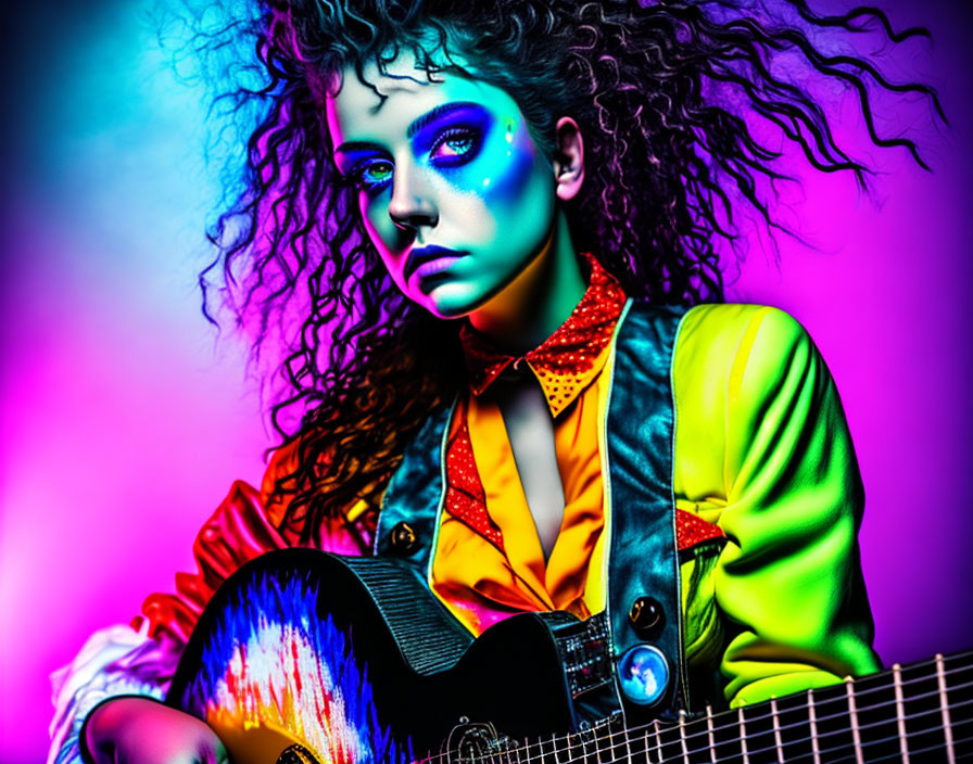 Colorful portrait of woman with curly hair playing electric guitar under neon lights